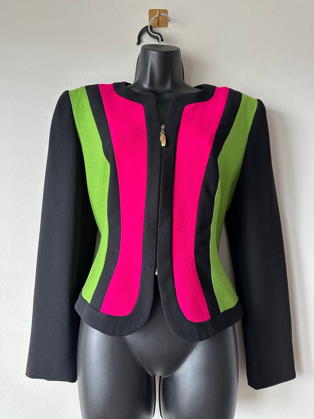 Vintage 80s Cache Neon Colorblock Wool Power Blazer Hot Pink Lime Green Size M